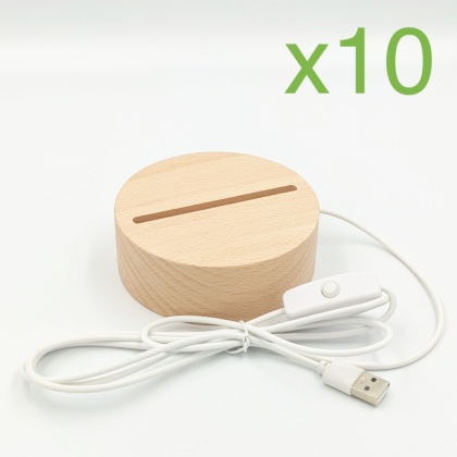 Zestaw 10 sztuk: Drewniana podstawka LED okrągła 3000K USB